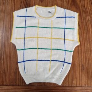 Women's White‎ Striped Sweater Vest Windowpane Vintage Silk Angora Small Preppy
